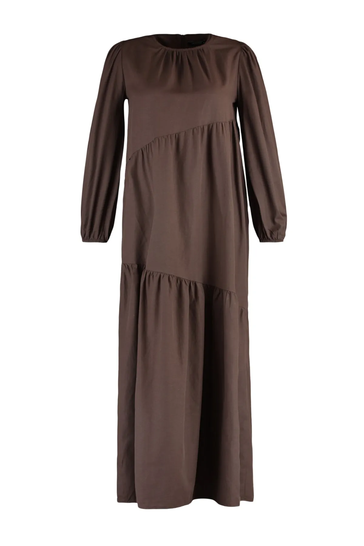 Trendyol Modest  Braunes, gerafftes Popeline-Gewebekleid mit Rundhalsausschnitt TCTSS21EL3470