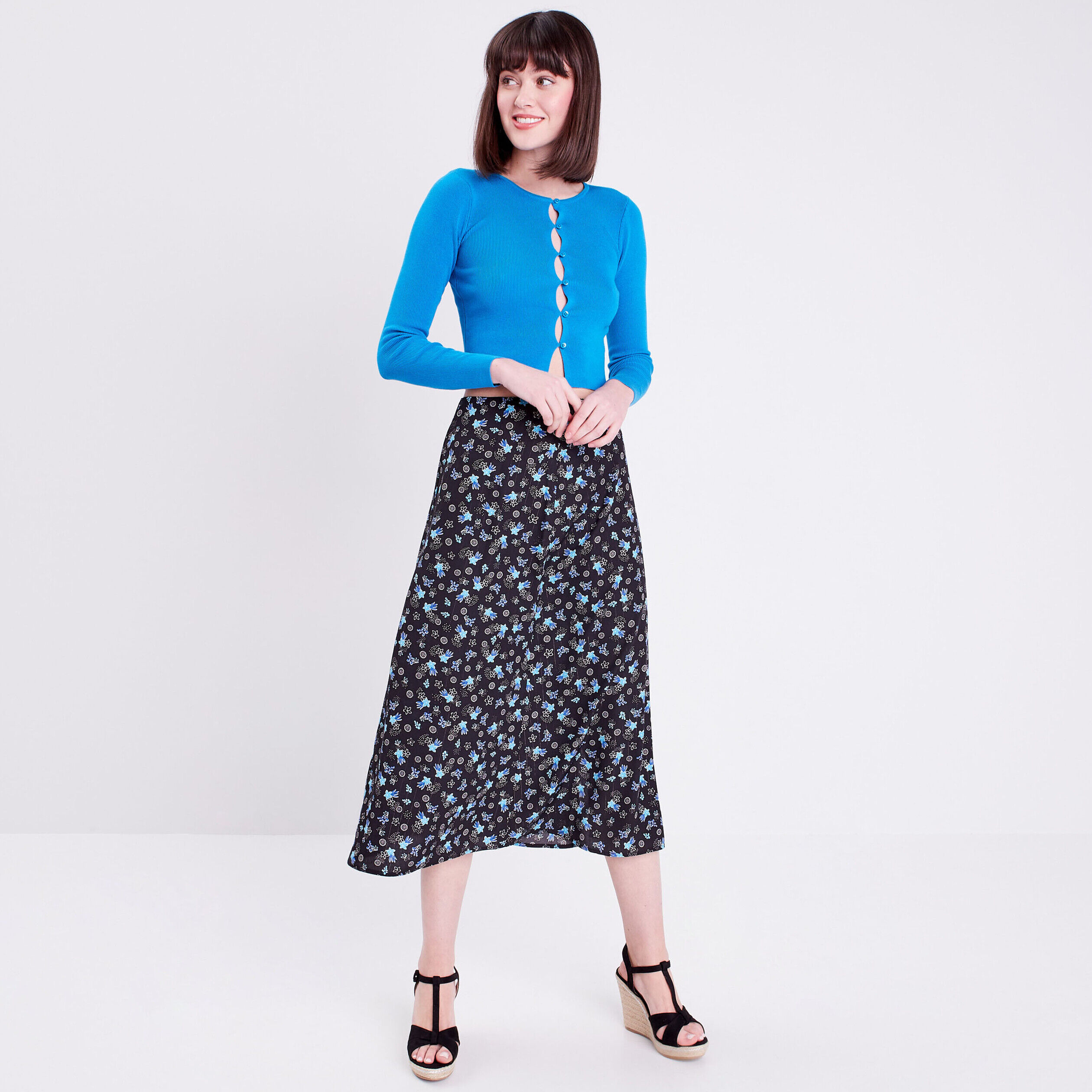 Jupe midi droite fendue noir femme | Cache Cache