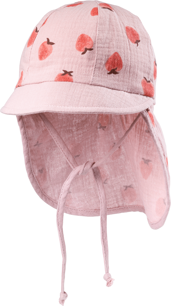 Schirmmütze aus Musselin mit Erbeeren-Muster, rosa, Gr. 48/49, 1 St