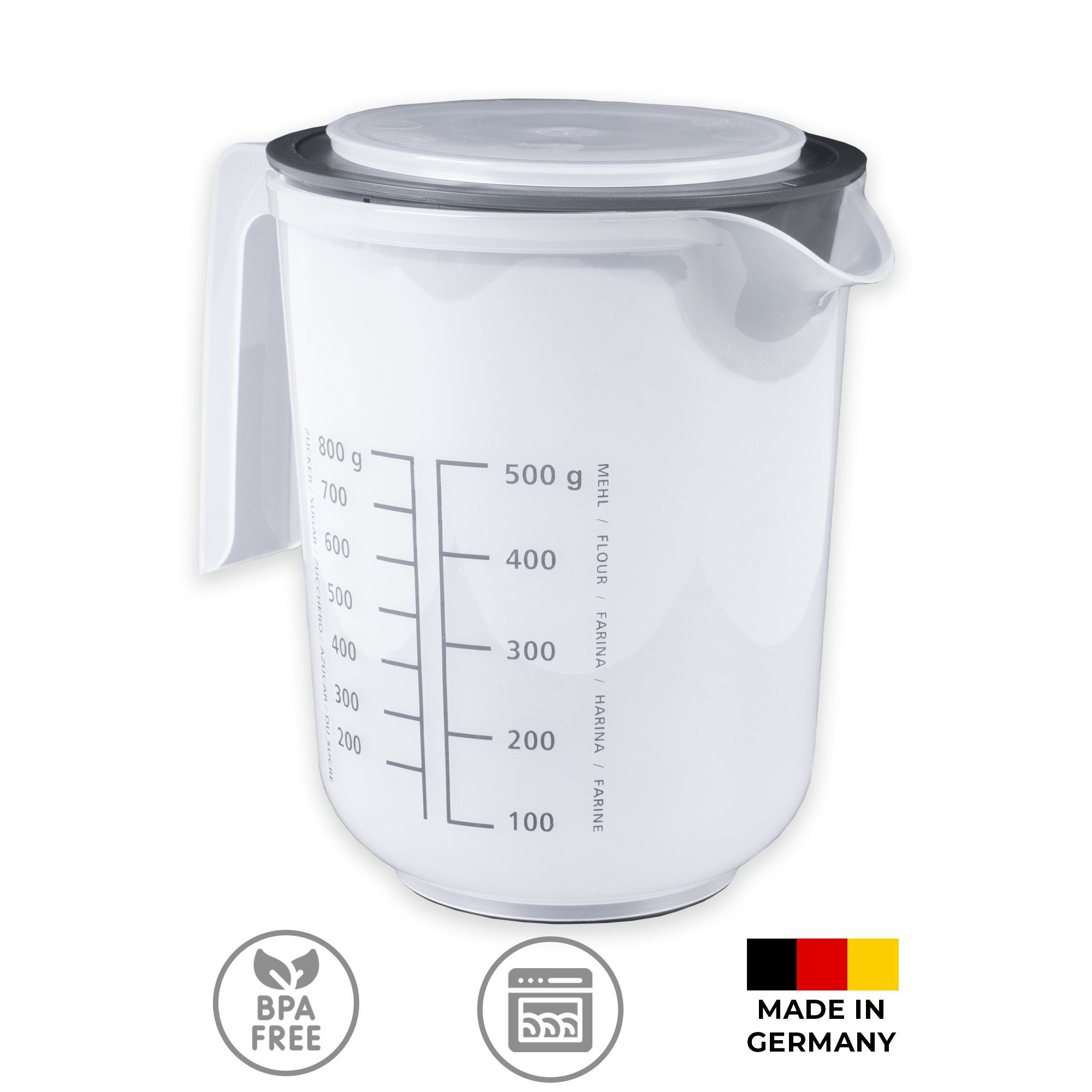 Wüllner + Kaiser Messbecher Messkanne, BPA-freier Kunststoff, (inkl. Spritzschutzring und Deckel), Made in Germany