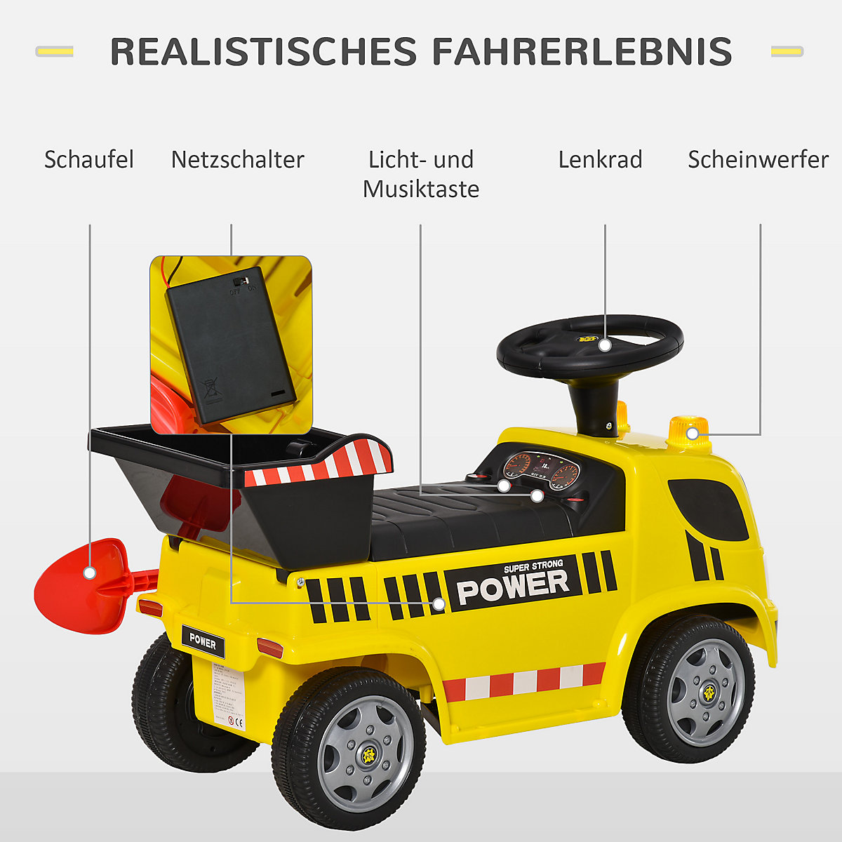 Kinder Rutscherauto mit Musik, Scheinwerfern und Alarmtönen