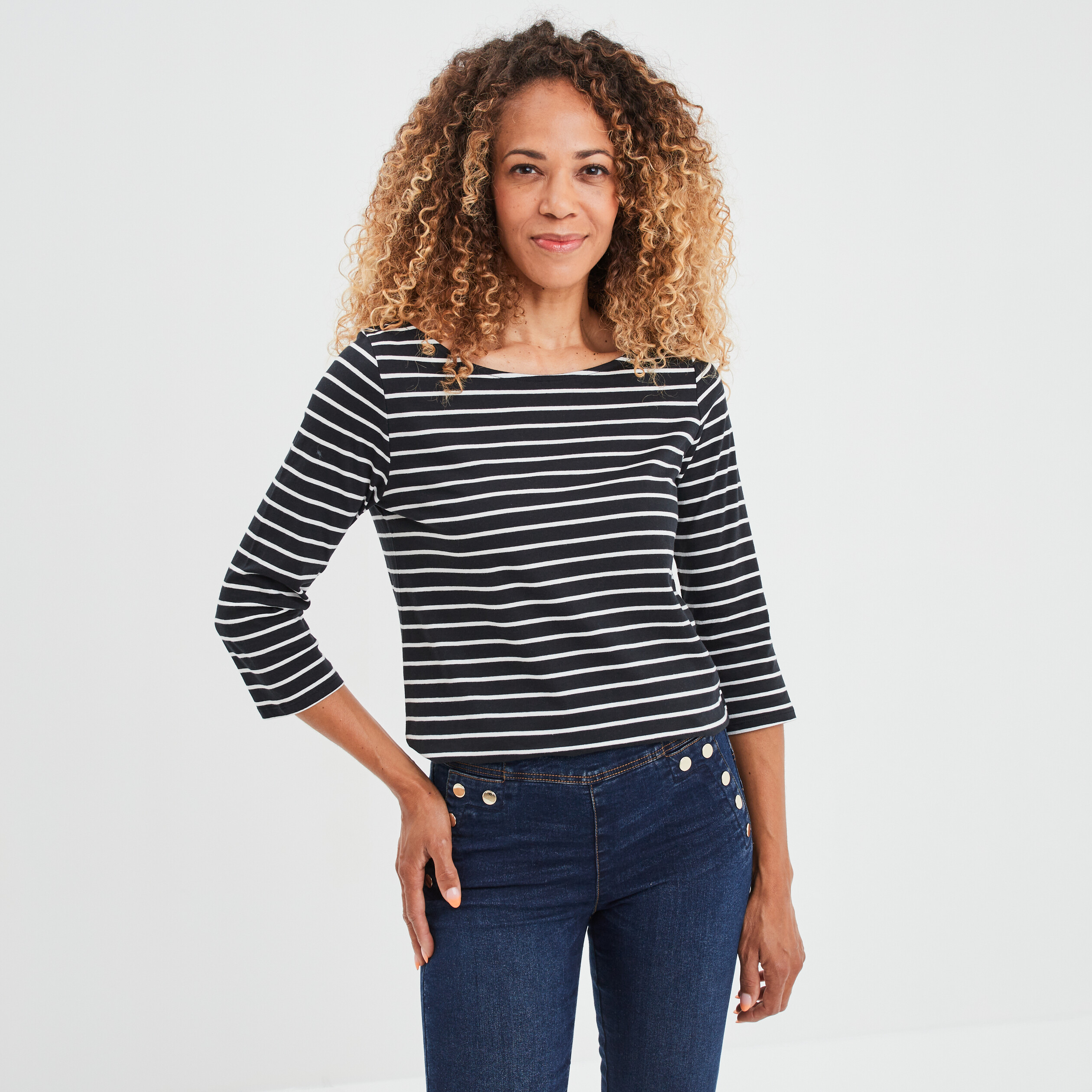 T-shirt manches 3 4 col bateau coton blanc femme | La Halle