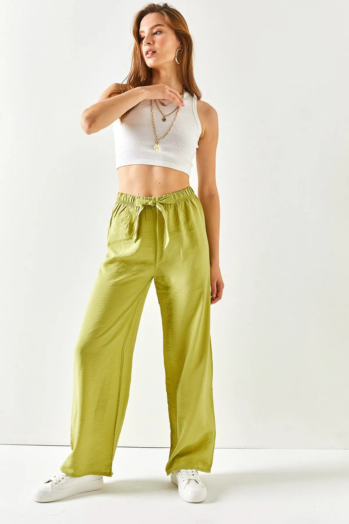 Olalook  Pistaziengrüne Palazzo-Ayrobin-Hose mit Gürtel und elastischem Bund für Damen PNT-19000200