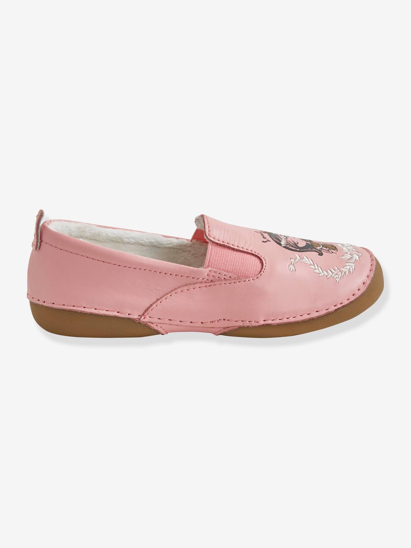 Chaussons fourrés fille en cuir rose