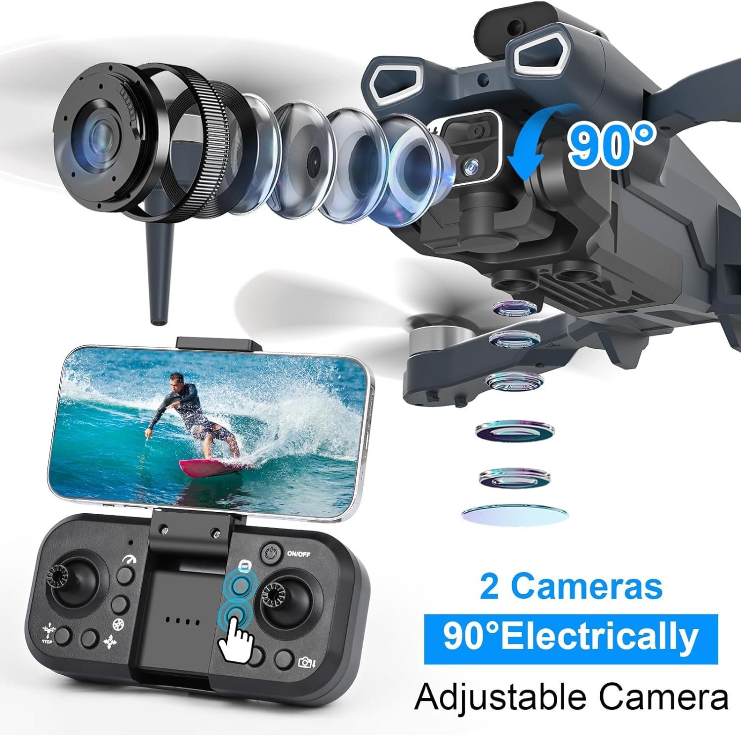 GuKKK Drohne (1080P, Verstellbarer mit 2 Batterien, RC WiFi FPV Übertragung für Anfänger)