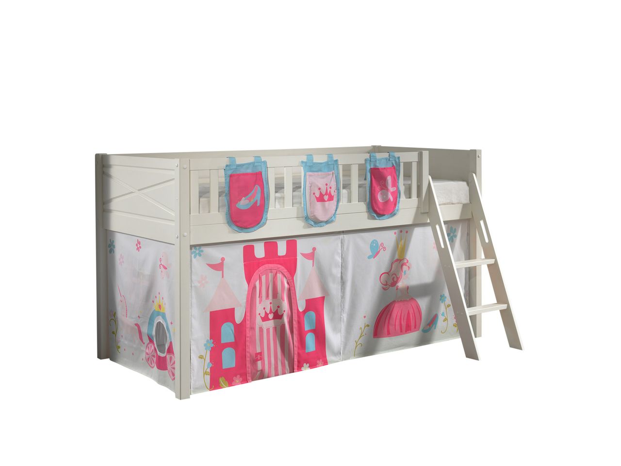 VIPACK Spielbett SCOTT, LF 90 x 200 cm, mit Rolllattenrost, Leiter und Textilset Vorhang und 3 Taschen 
