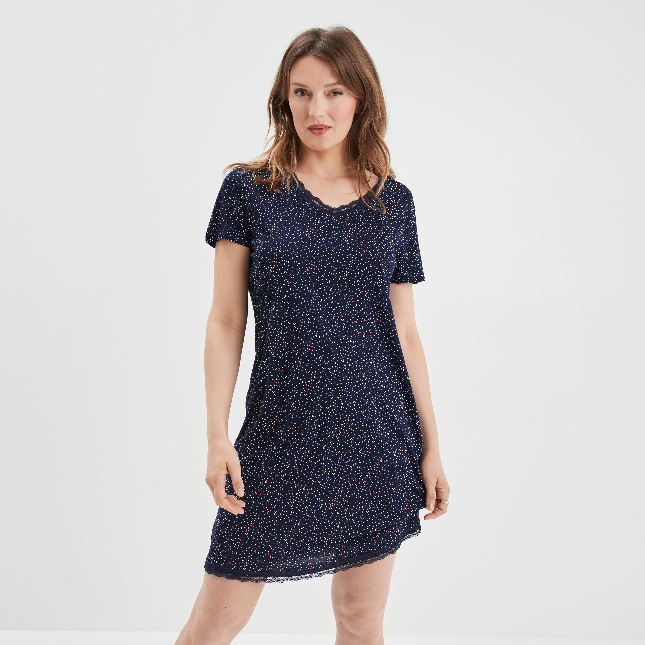 Chemise de nuit droite manches courtes bleu marine femme | La Halle