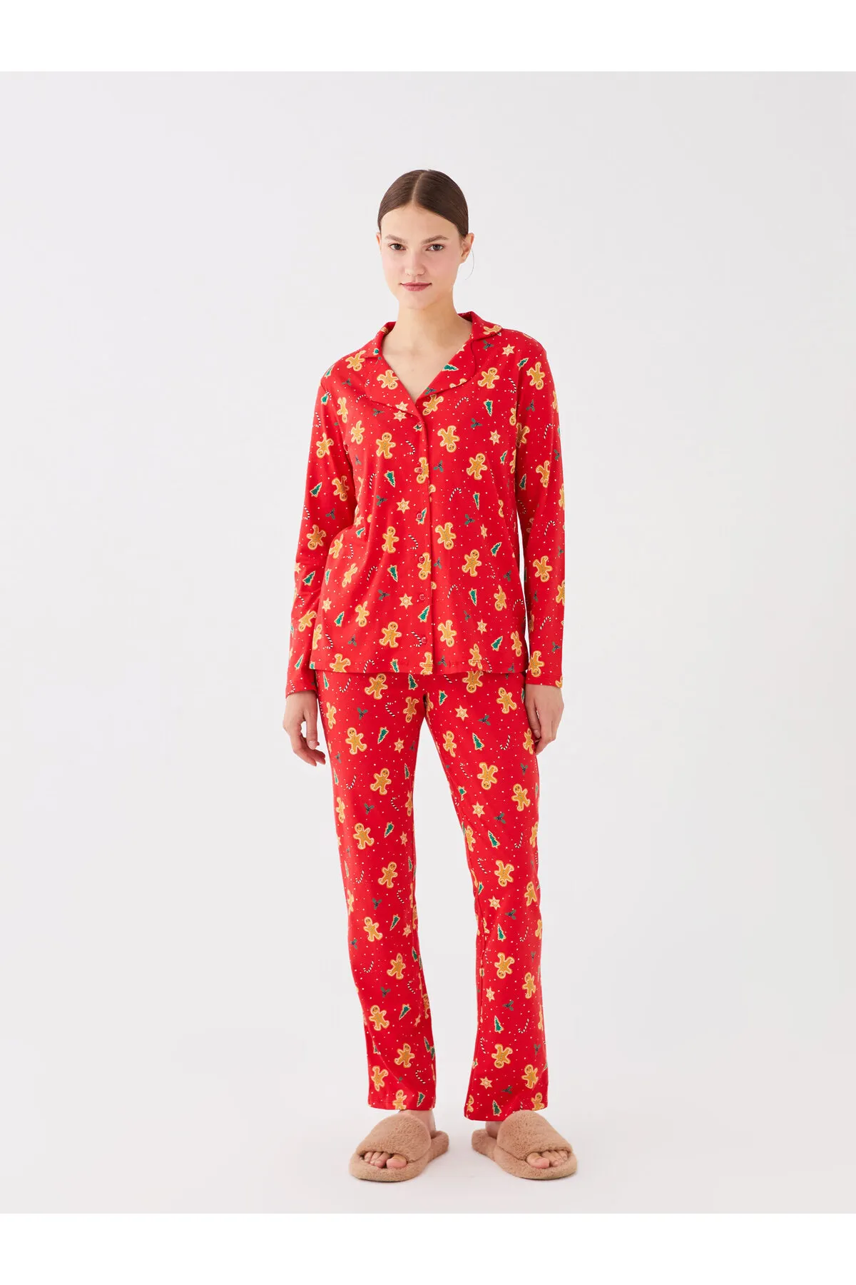 LC Waikiki  Langarm-Damenpyjama-Set mit Hemdkragen und Neujahrsmotiv