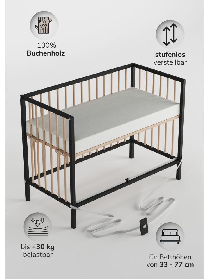 Sämann Beistellbett mit Matratze & Umbauseite - schwarz/natur - Dreamy 4 in 1 Bett günstig kaufen 60x120 cm