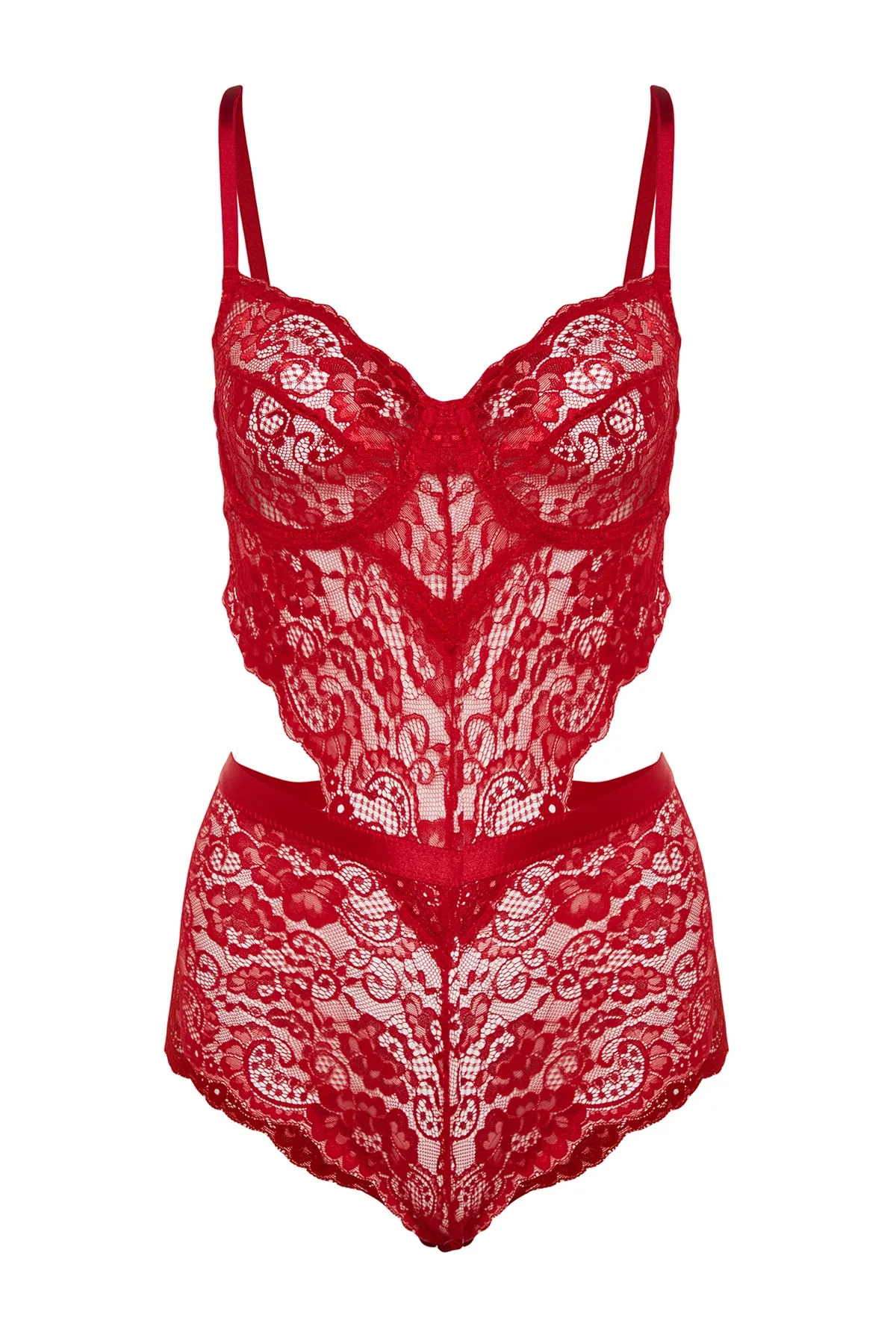 Trendyol Collection  Dunkelroter Strickbody mit gerüschtem Fenster/Ausschnitt, Seilriemen und Druckknopf THMAW23BD00026