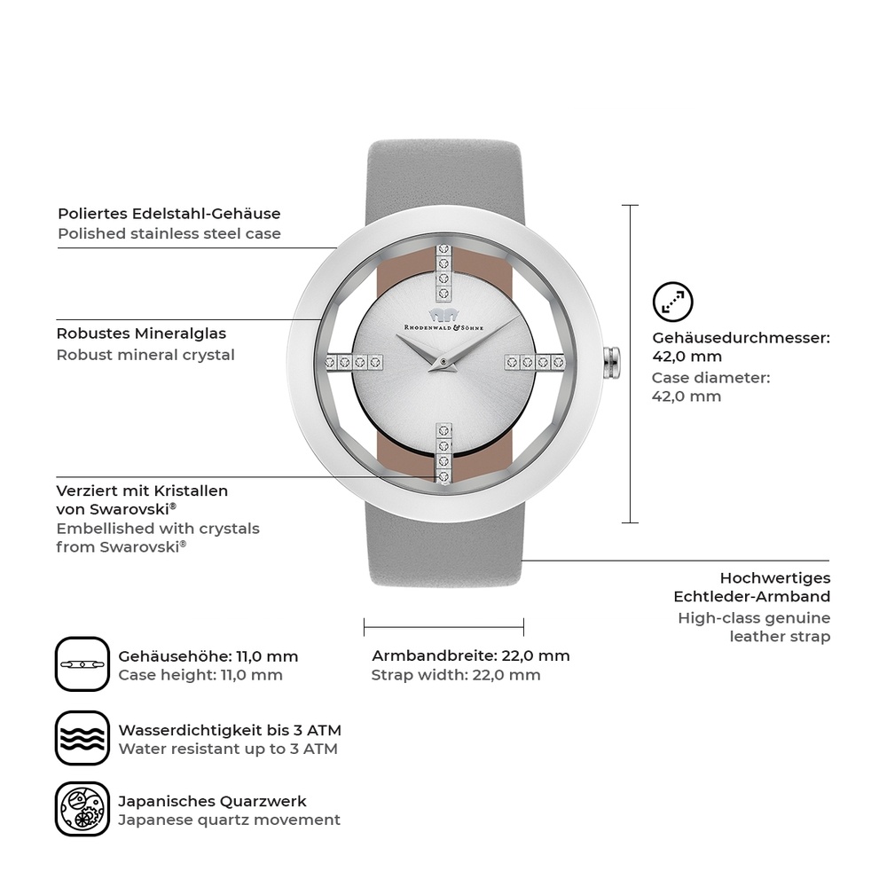 Rhodenwald & Söhne Montre à quartz Lucrezia en Cuir véritable en Gris Montre