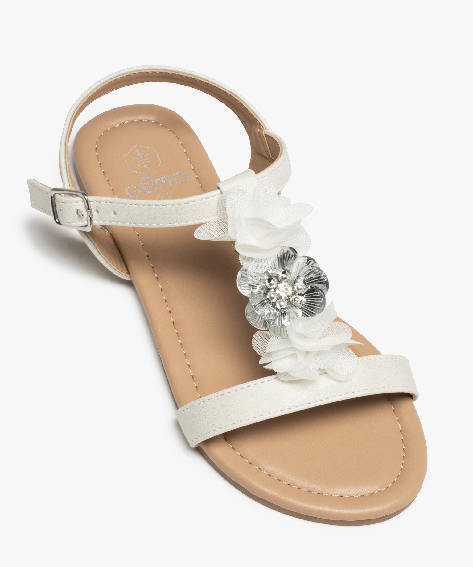 Sandales filles à talon plat et fleurs en tulle blanc | GEMO