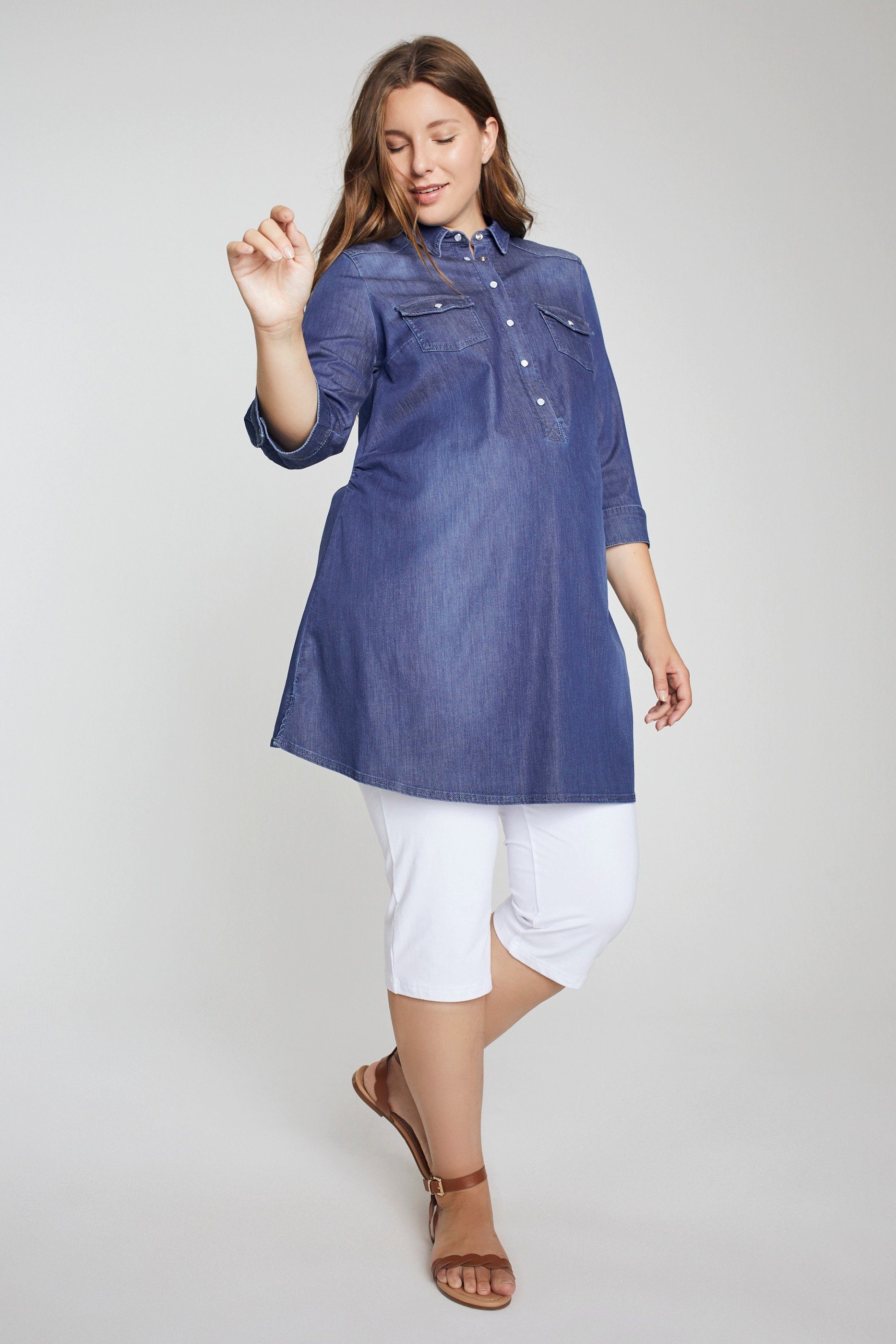 Ulla Popken Umstandsbluse Bellieva-Longbluse Hemdkragen Taillenband Langarm