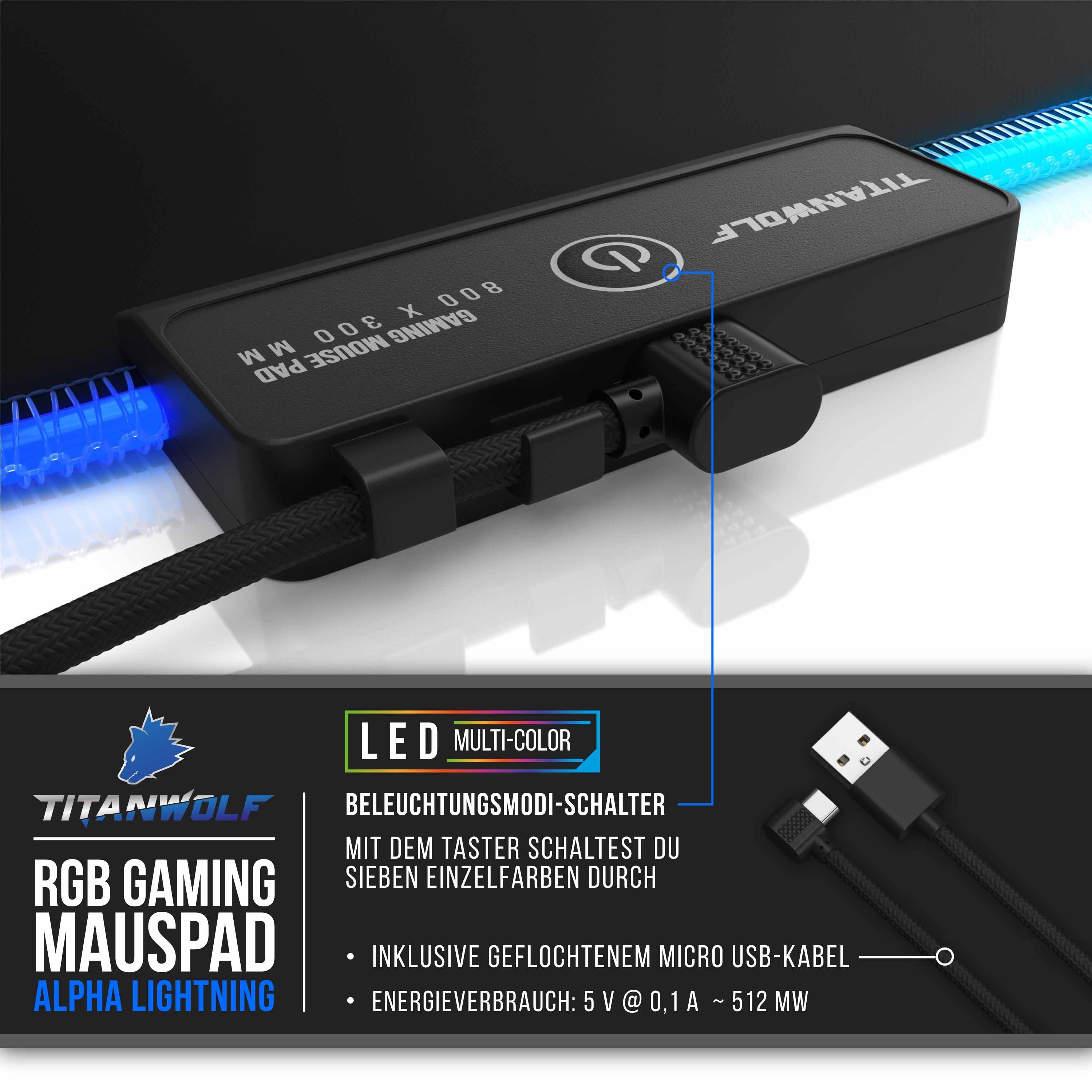 Titanwolf Gaming Mauspad, RGB Mousepad XL, 800 x 300 mm, verbessert Präzision & Geschwindigkeit