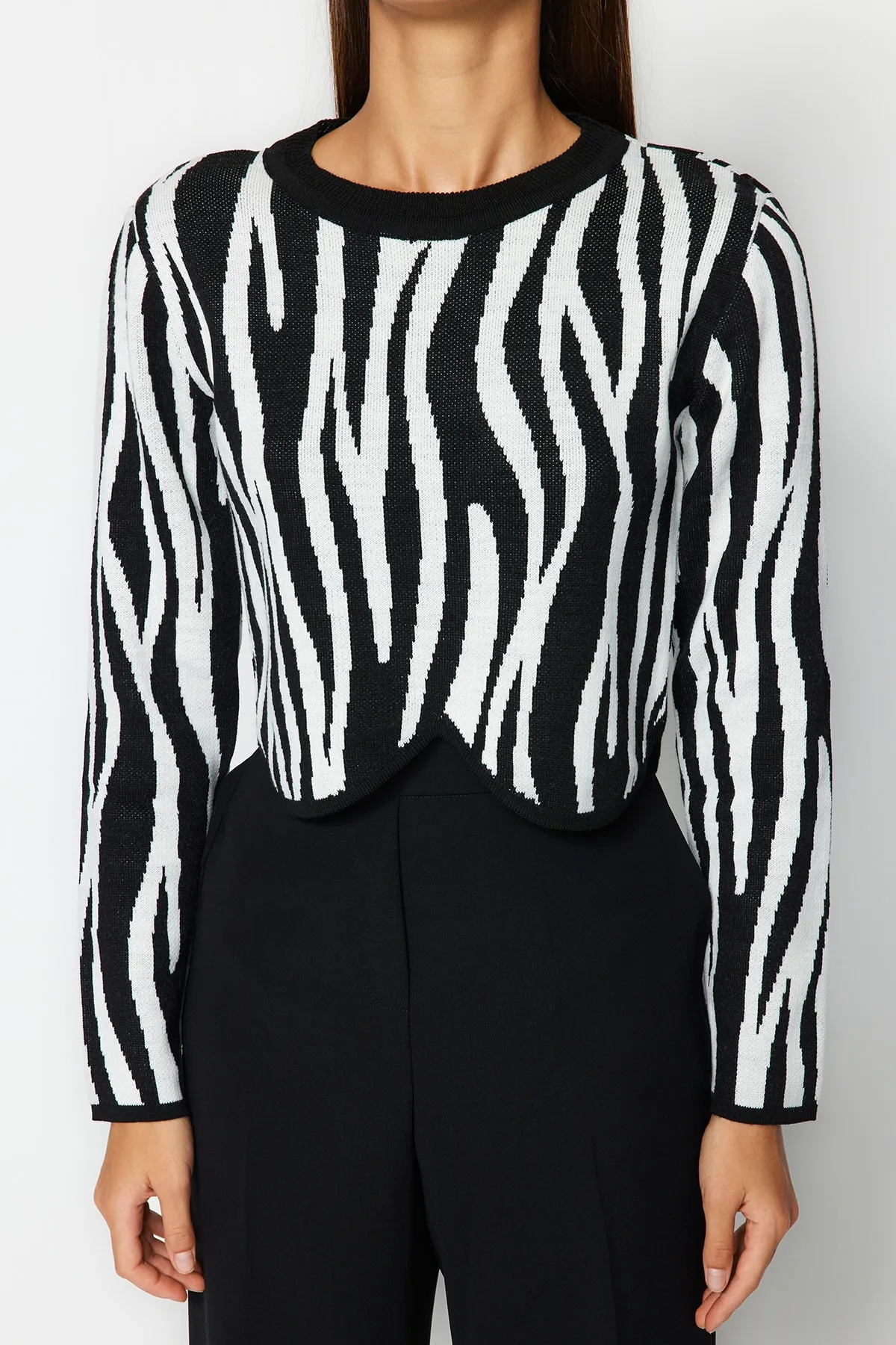 Trendyol Collection  Schwarzer kurzer Strickpullover mit Rundhalsausschnitt und Farbblockdesign TWOAW24KZ00694