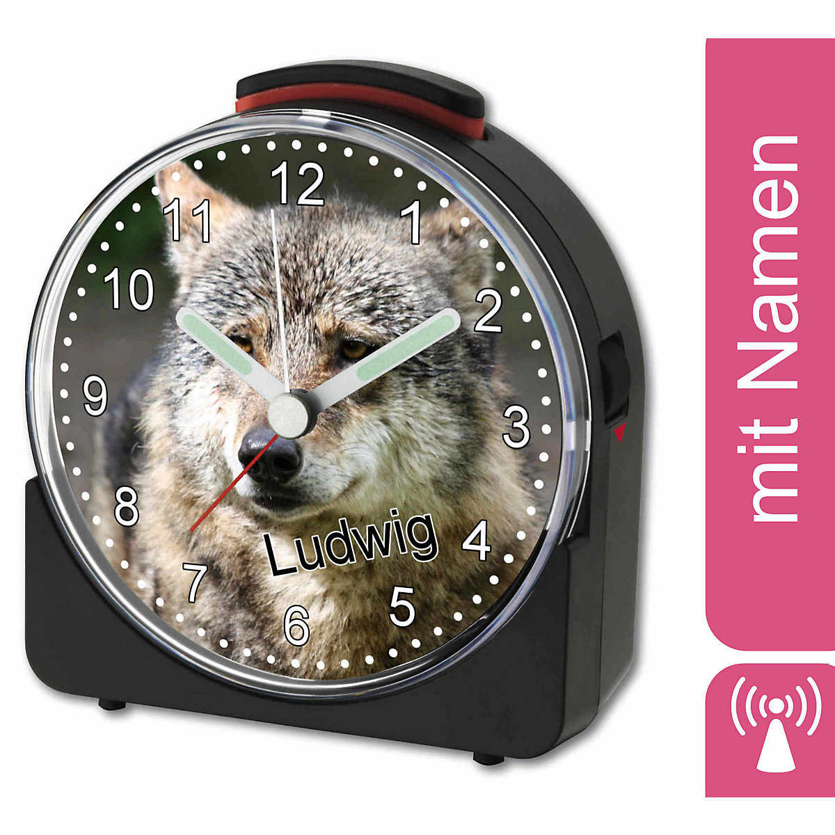 Kinder Funkwecker weiß personalisiert mit Namen Wolf