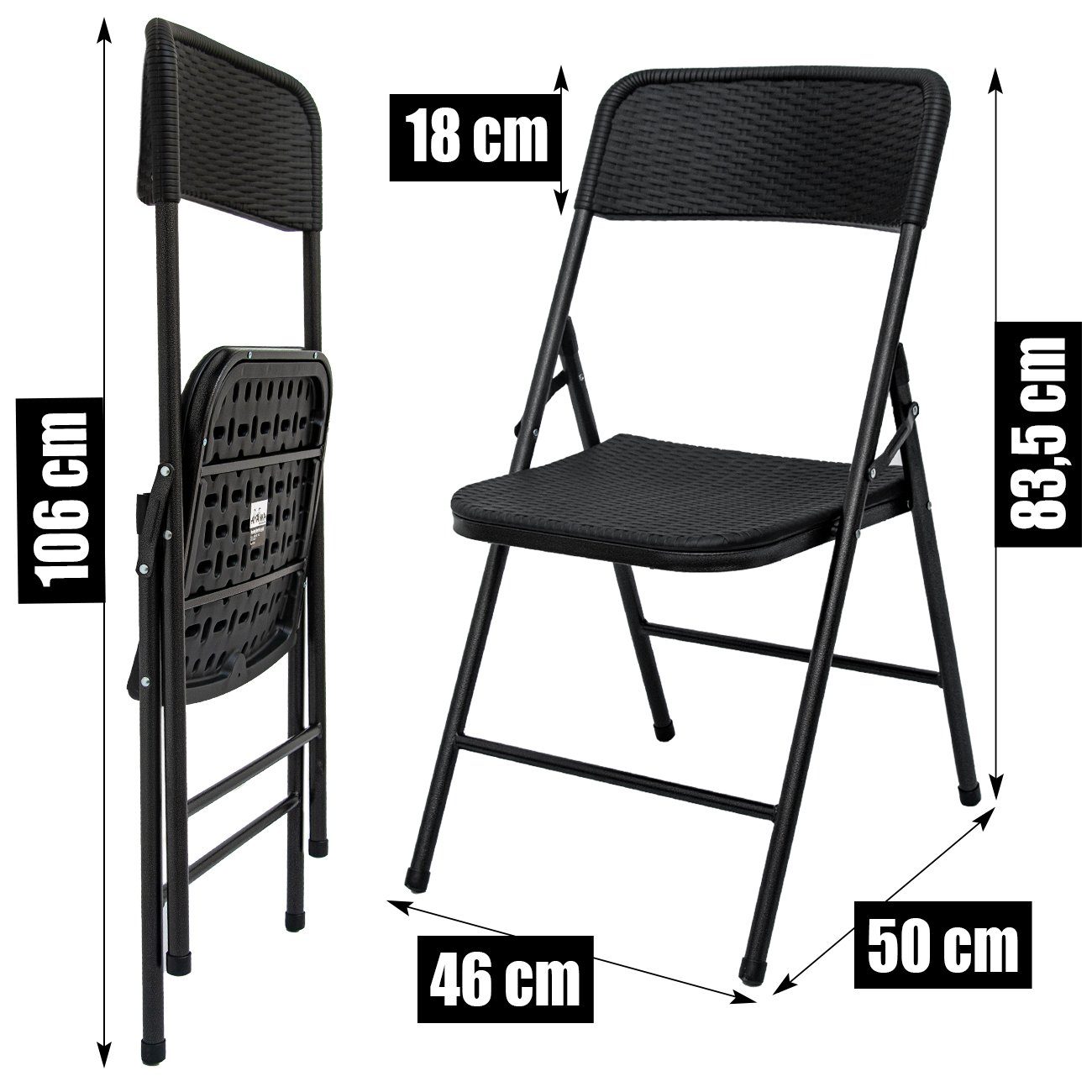 AMANKA Klappstuhl 2er Set Klappstuhl Balkonstuhl in Rattan-Optik, bis 150kg 50x46x83,5cm Schwarz