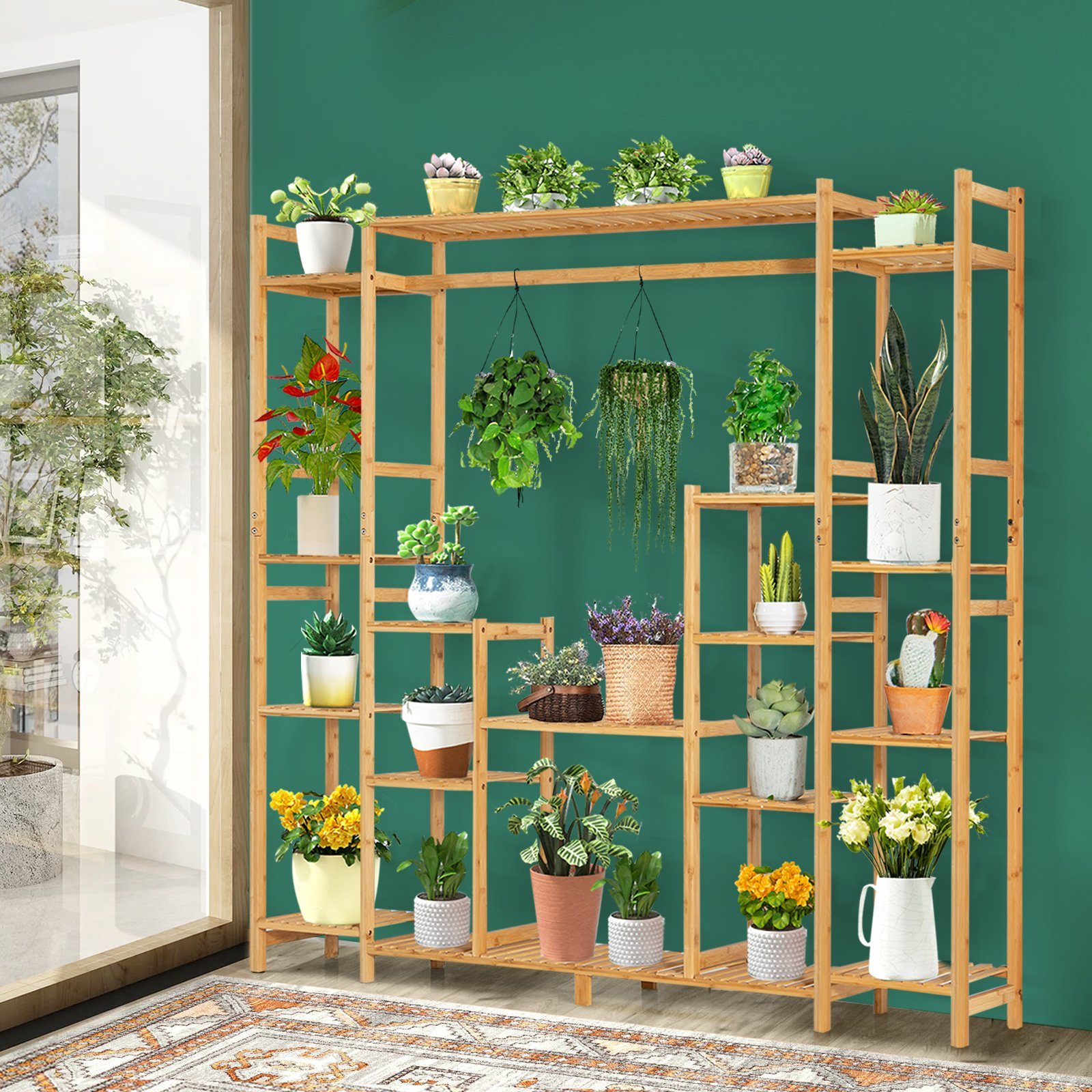 COSTWAY Pflanzentreppe, mit 9 Ebenen & Hängegestell, aus Bambus 167x30x166cm