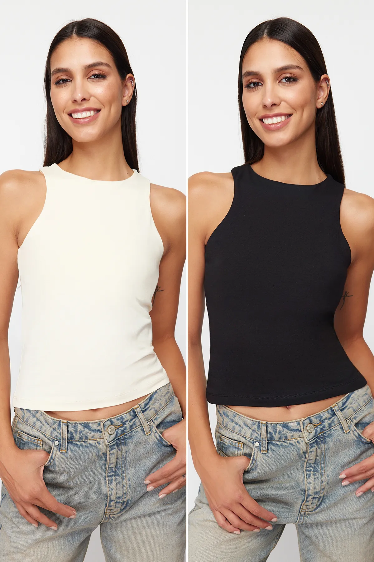 Trendyol Collection  Schwarz-Steinfarbenes, eng anliegendes/flexibles 2er-Pack gestricktes Tanktop aus Baumwolle mit Neckholderkragen TWOSS24AL00049