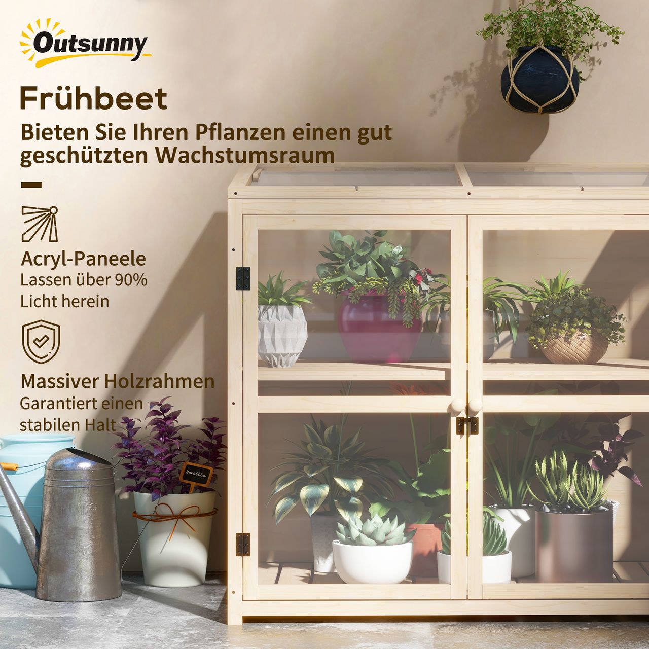 Outsunny Frühbeet aus Holz Gewächshaus 2-Stufiges Treibhaus mit Doppeltür, Natur