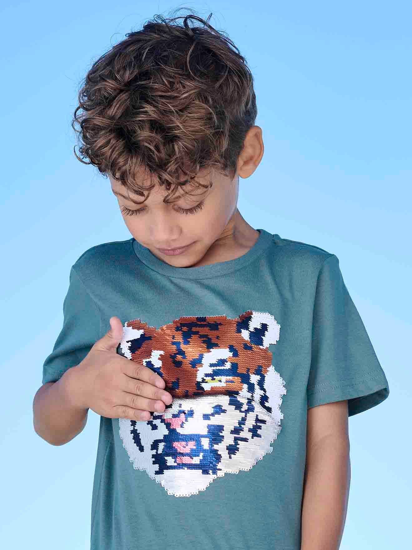 Vertbaudet Jungen T-Shirt mit Wende-Pailletten Oeko-Tex - weiß