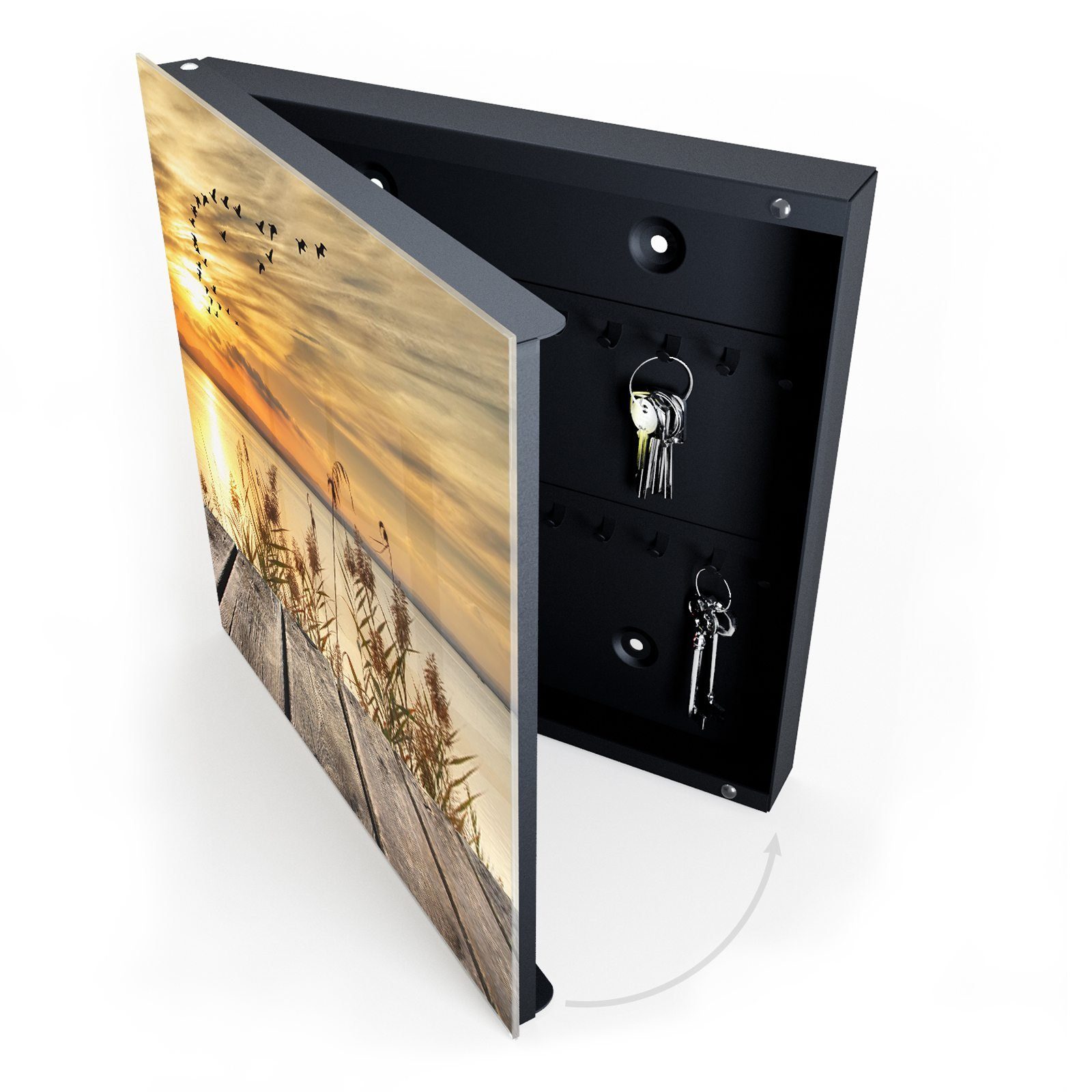 Primedeco Schlüsselkasten Dekor-Schlüsselkasten, Magnetpinnwand und Memoboard mit Glasfront Motiv Steg am Meer im Sonnenschein