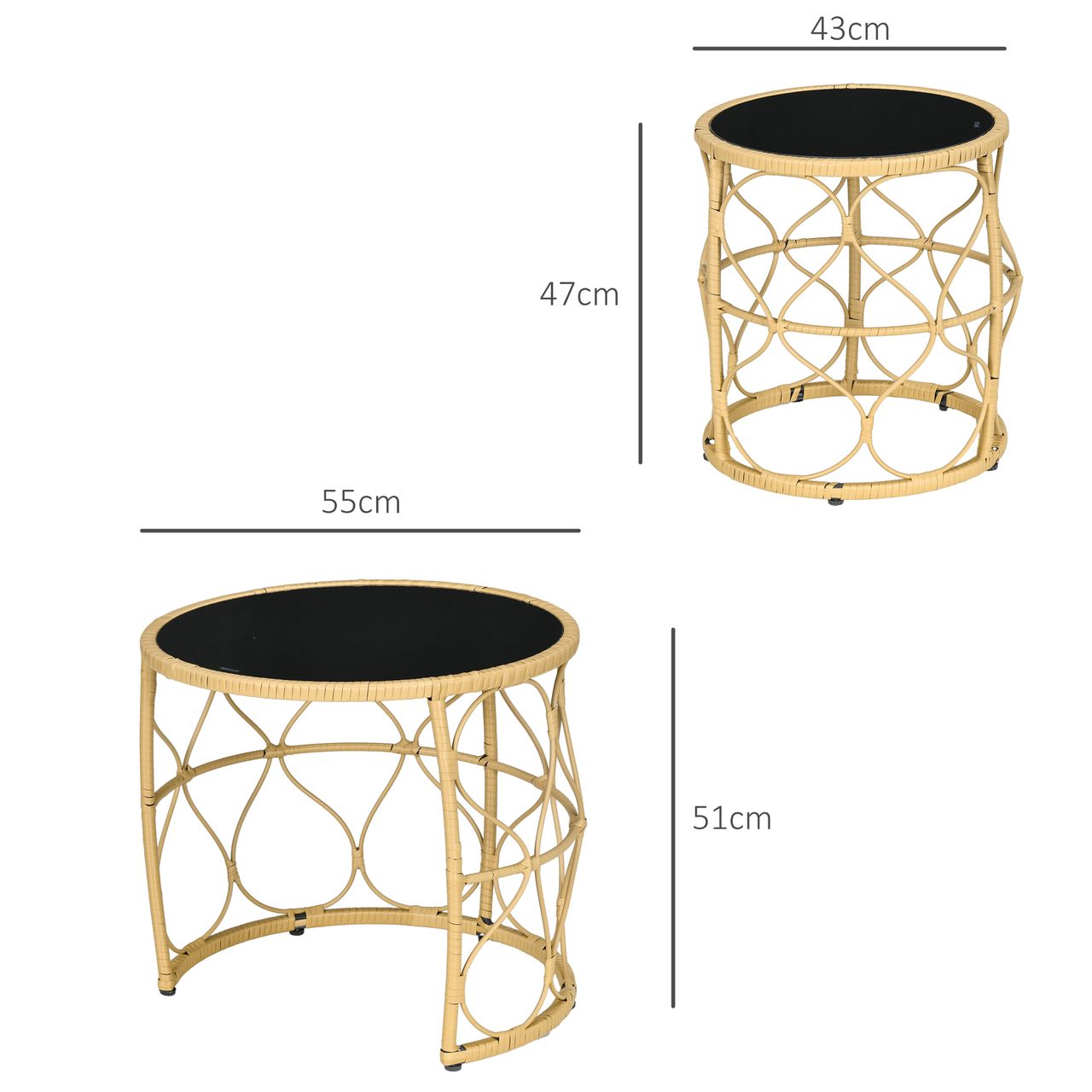 Outsunny Rattan Beistelltisch 2er-Set, Couchtisch mit Glasplatte, Khaki