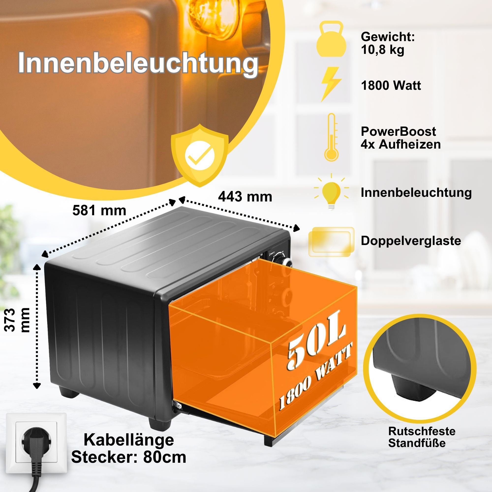 ICQN Minibackofen 50L mit Umluft, 1800 W, Drehspieß, Innenbeleuchtung, Pizzaofen, 60 Min Timer, inkl. Backblech Set, Mini-Ofen