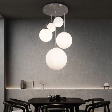 Globo Kugelleuchte, Leuchtmittel nicht inklusive, Hängeleuchte Wohnzimmerlampe 5-flammig Glas Schirm Kugel silber H 90cm