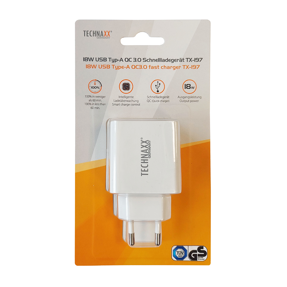 Technaxx Fast Charge - Ladegerät, USB-Typ-A QC 3.0 Schnellladegerät 18W, TX-197