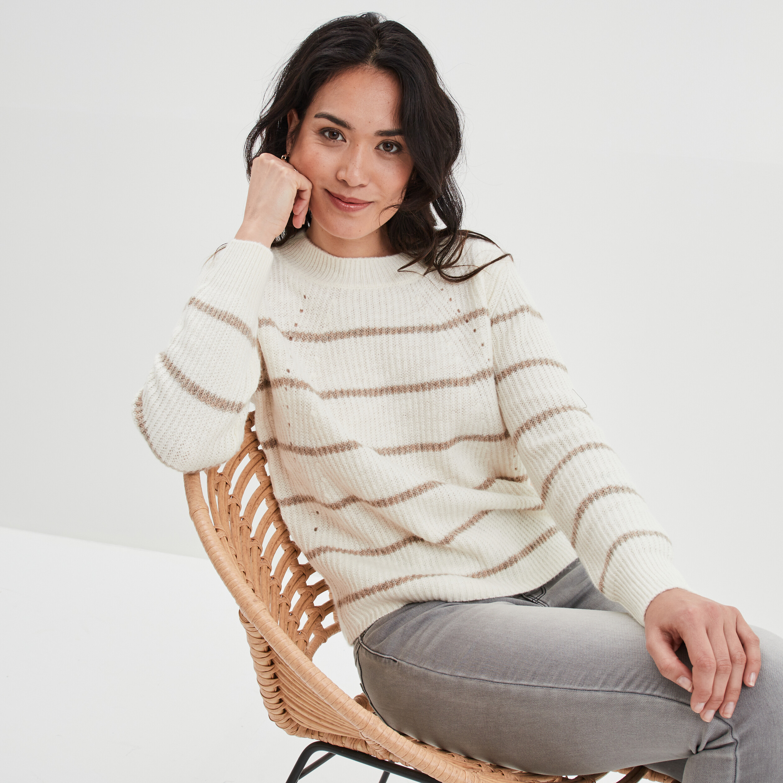 Pull ajouré devant col rond Creeks beige femme | La Halle