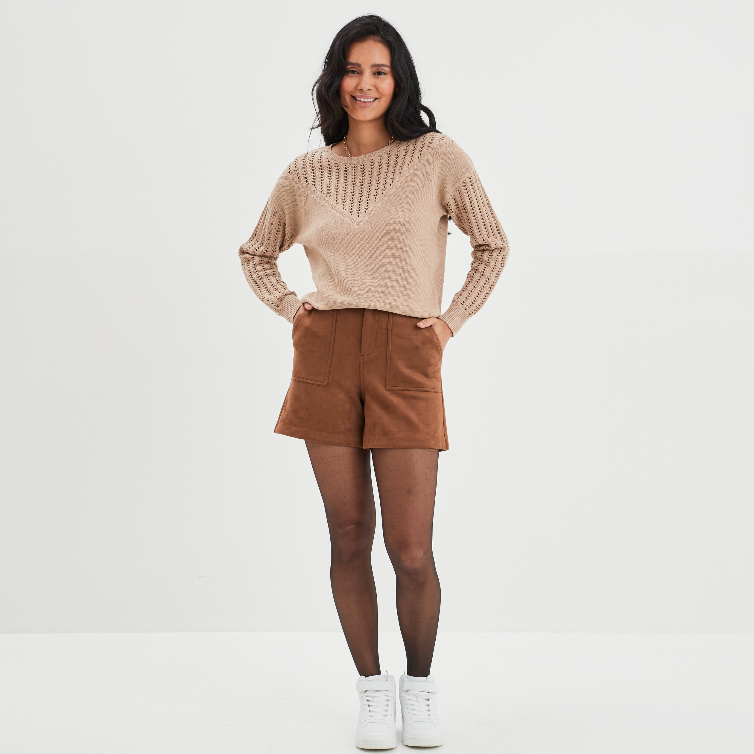 Pull ajouré col et manches Liberto beige femme | La Halle