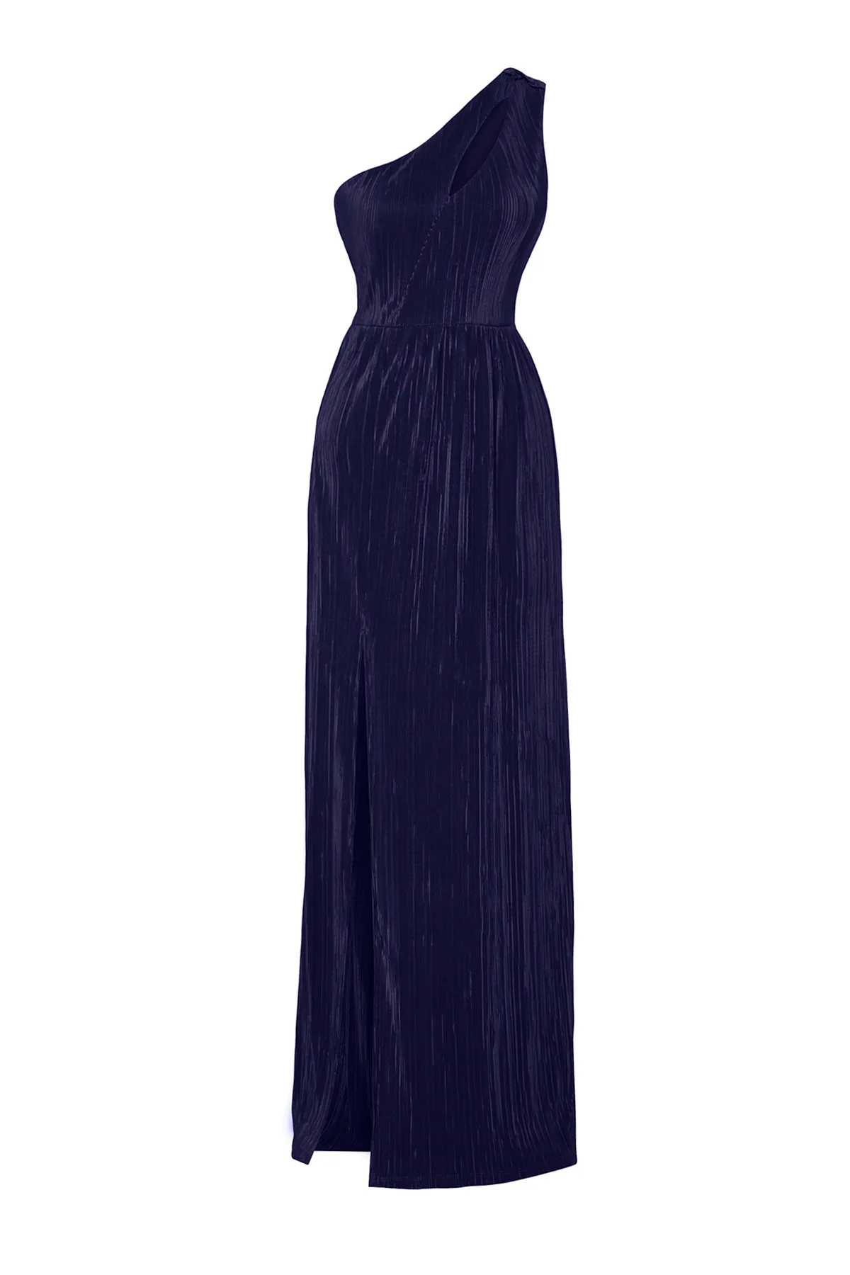 Trendyol Collection  Marineblaues, plissiertes, gefüttertes langes Abendkleid aus Strick TPRSS24AE00021