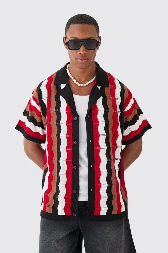 Kastiges gestreiftes Oversize Strick-Hemd