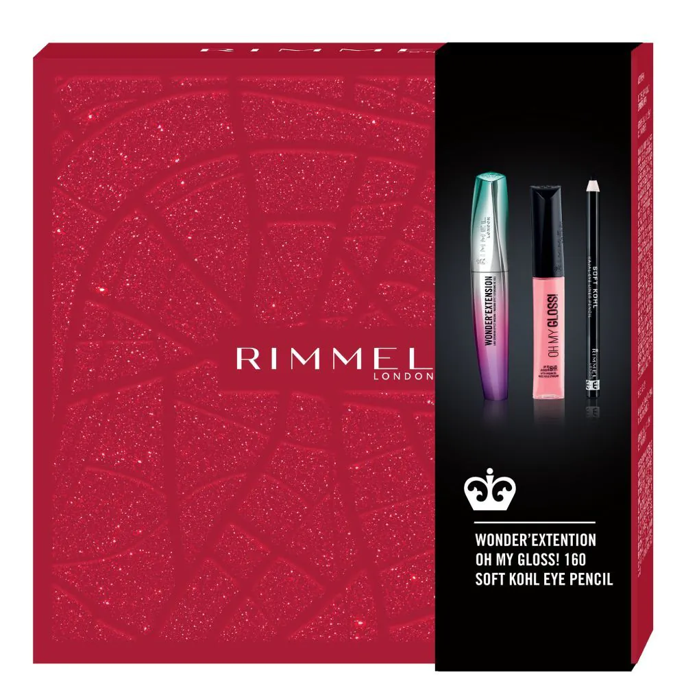 „Rimmel“ rinkinys („Wonder Extension“ blakstienų tušas + akių pieštukas + „Oh My Gloss“ lūpų blizgis)