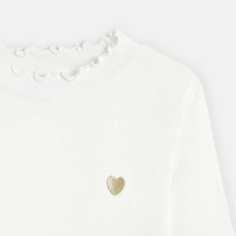T-shirt côtelé broderie cœur blanc fille