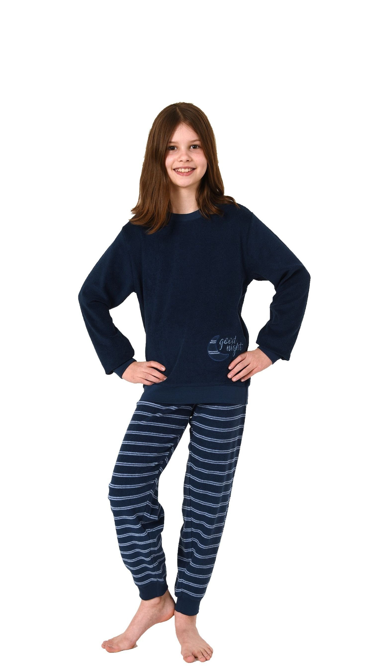 Normann Pyjama Mädchen Frottee Pyjama lang Schlafanzug mit Bündchen, Hose gestreift