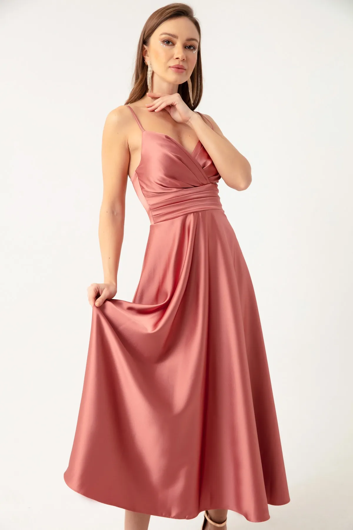 Lafaba  Lachsfarbenes Midi-Abendkleid und Abschlusskleid aus Satin mit Riemen an der Taille und Gürtel für Damen