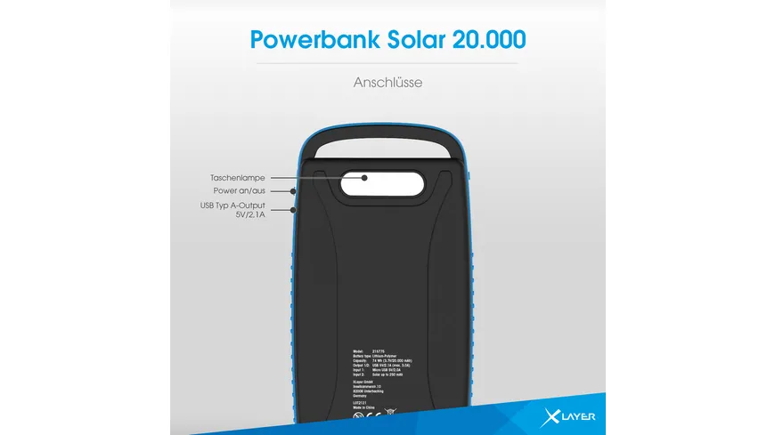 Zusatzakku XLayer Powerbank PLUS Solar Black/Blue 20.000 mAh
