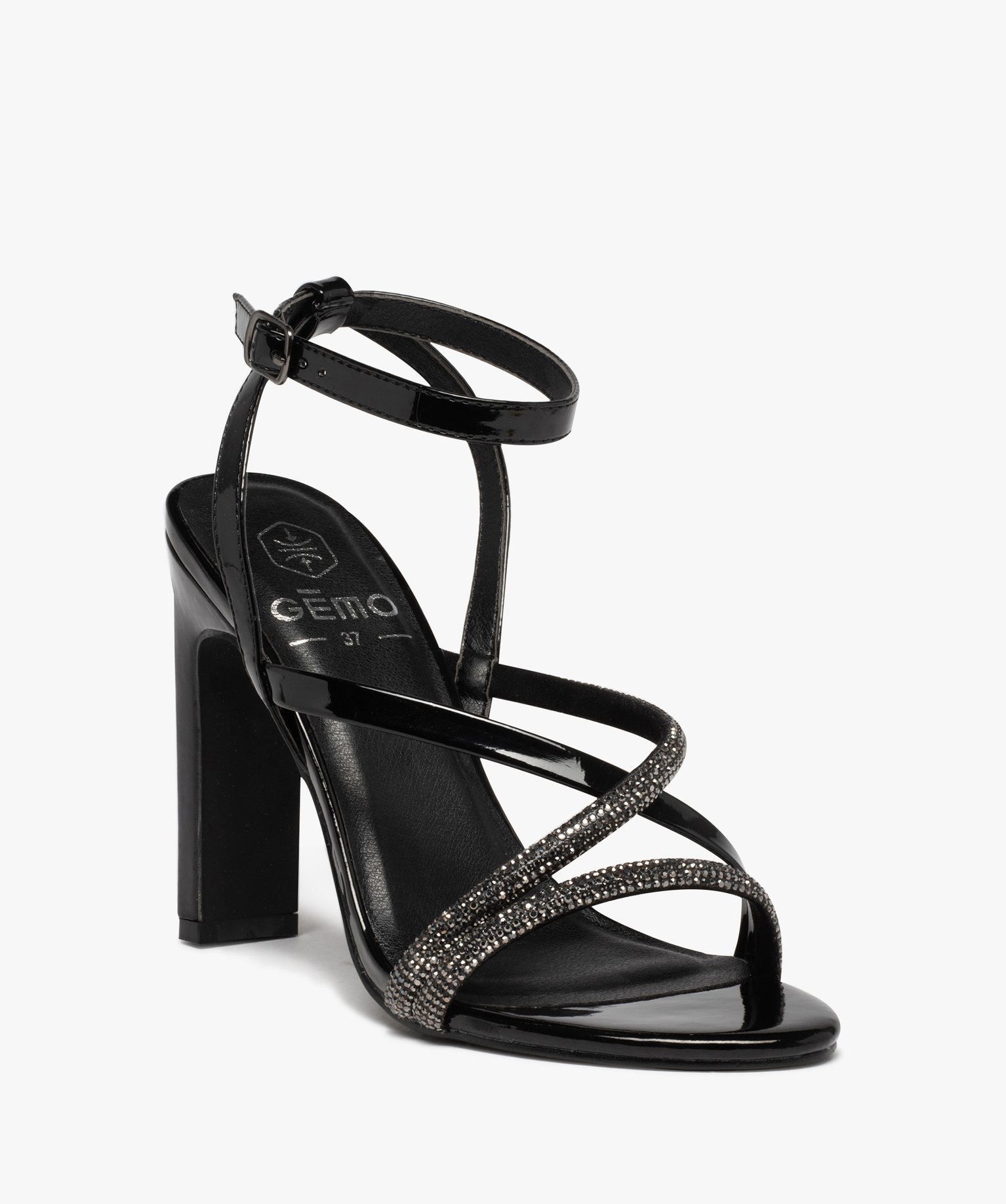 Sandales femme à talon haut dessus vernis et strass noir | GEMO
