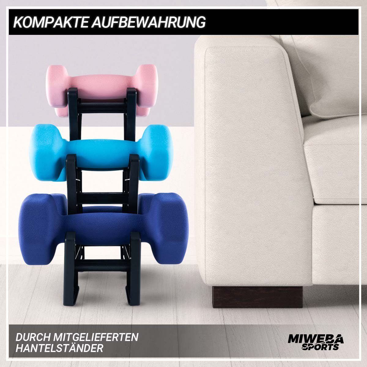 Miweba Sports Hantel-Set Premium Gymnastikhantel-Set NKH120 inkl. Hantelablage, (rutschfest - Fitness Sport Muskelaufbau Training Hantel Set Kurzhantelset Kettlebell Set, 1 kg - 2 kg - 3 kg, 3 Farben, Hexagon-Form, Neopren), Kurzhantel Aerobic Hantel