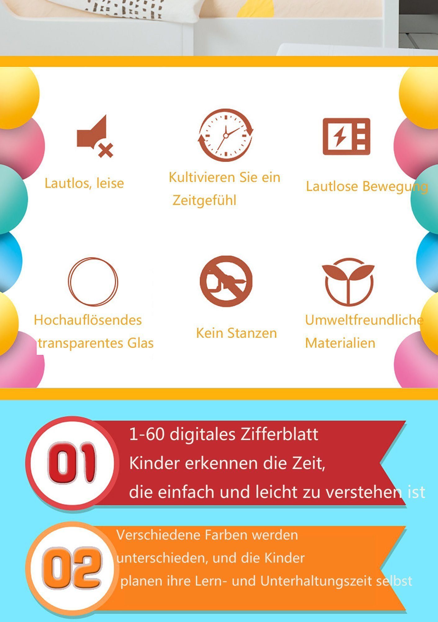KUGI Wanduhr Wanduhr Kinder- LernWanduhren - Bunte LernUhren - Analoge Wanduhren (ohne Ticken .20 cm Quartz geräuschlos Zimmer Jungen Mädchen 8 Zoll)