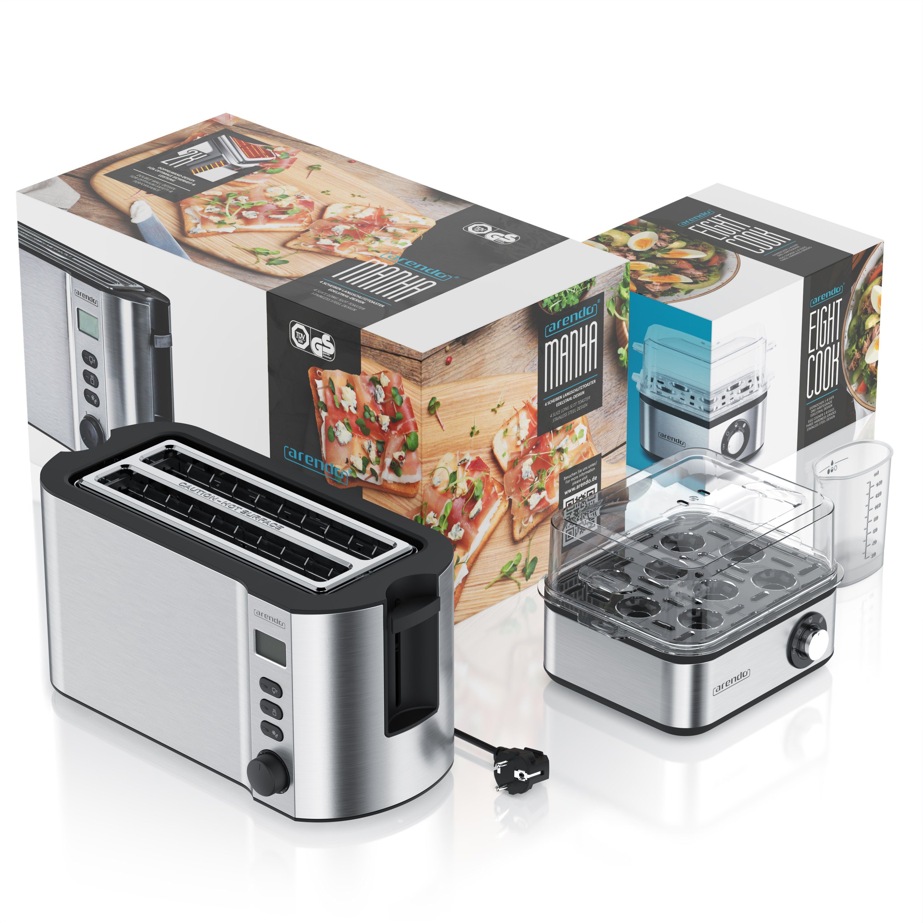Arendo Frühstücks-Set (2-tlg), 4-Scheiben Langschlitz Toaster, 8er Eierkocher, Silber