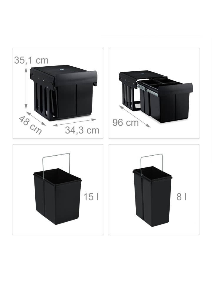 relaxdays Mülltrennsystem Schwarz 1x15L   2x8L günstig kaufen onesize