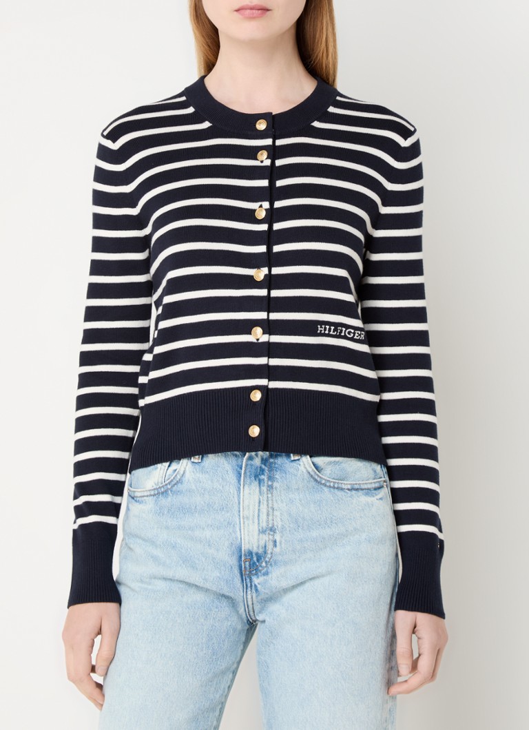 Feinstrick-Cardigan von Tommy Hilfiger mit Streifenmuster und Logostickerei.