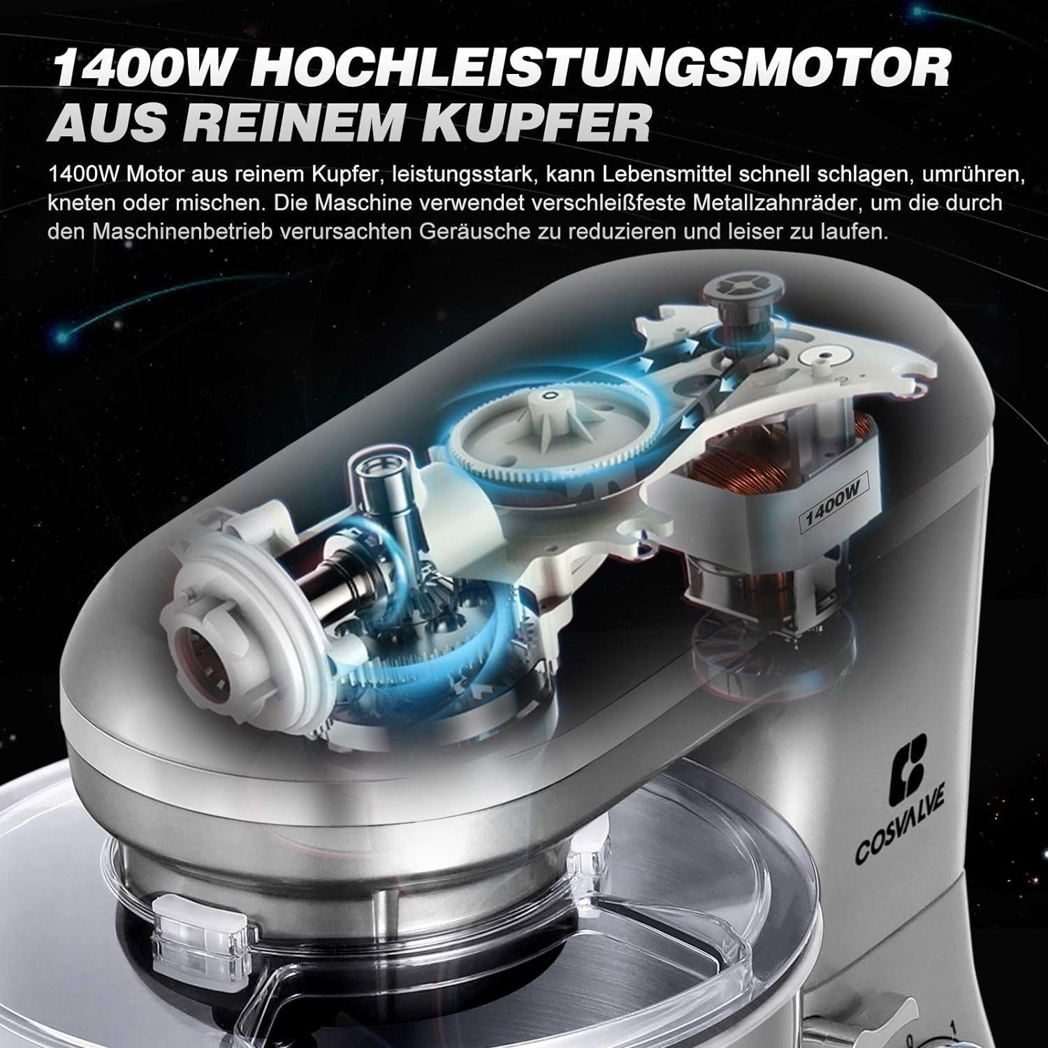 Powerwill Küchenmaschine Multifunktions-Küchenmaschine Knetmaschine mit 7L Schüssel, 1400,00 W, mit Schneebesen, Rührbesen und Knethaken Silber