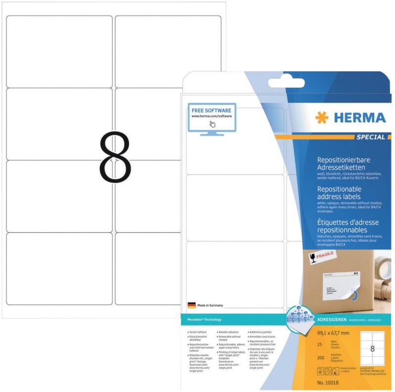 HERMA 10018 Wiederablösbare Etiketten Beweglich Weiß Rechteckig 200 Etiketten pro Packung