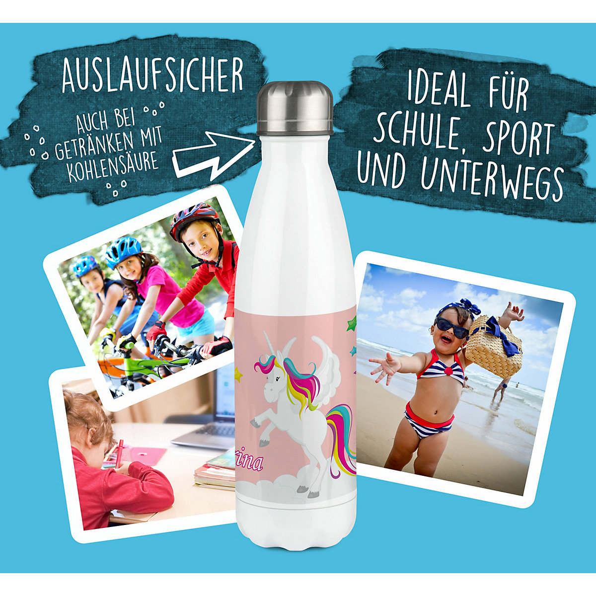 Edelstahl Kinder Thermoflasche / Trinkflasche bunt Pegasus Farbe rosa Spülmaschinenfest, Auslaufsicher, Bruchfest, Doppelwandig, Für Heißgetränke geeignet, Mit Deckel, Isoliert