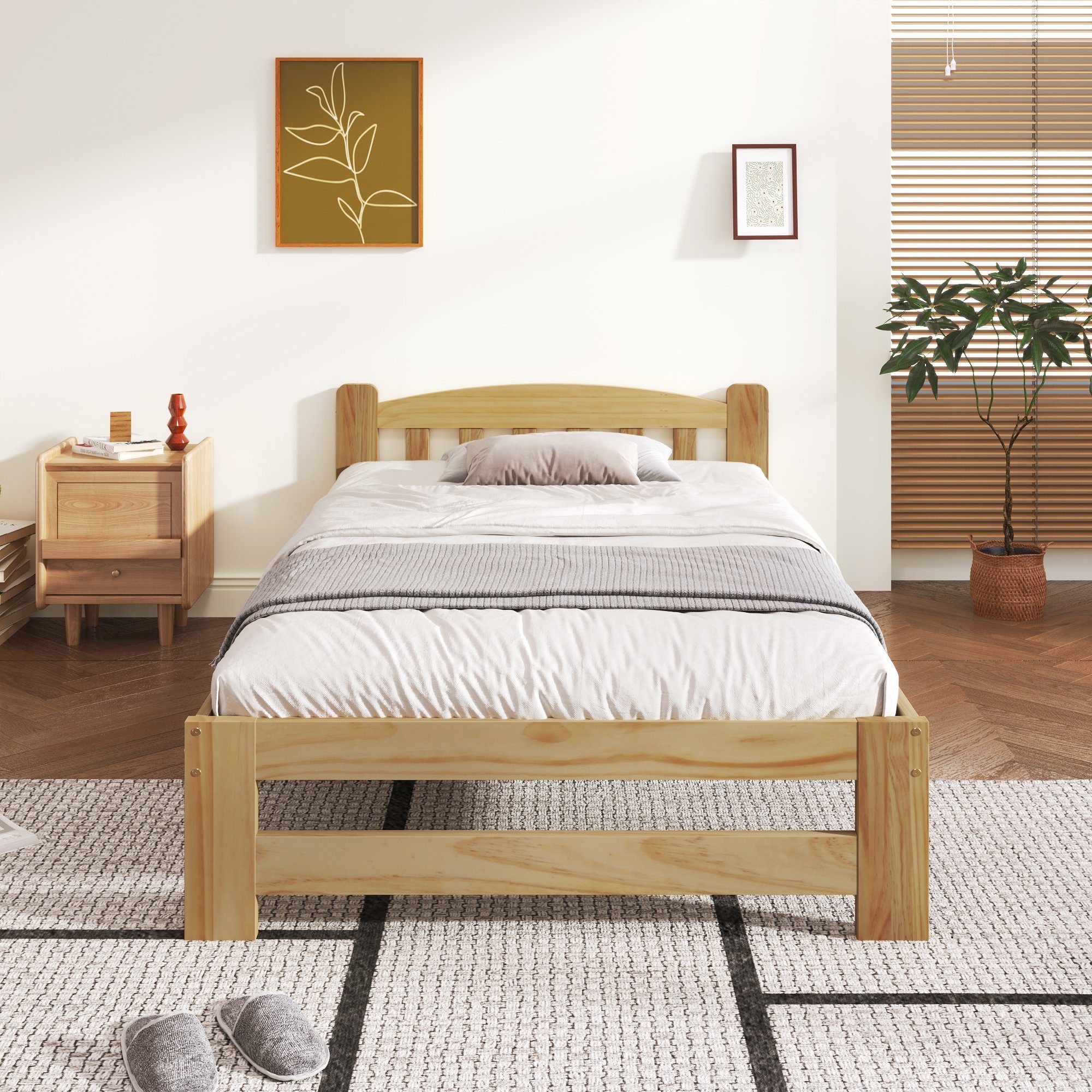Odikalo Massivholzbett Solide Futonbett Jugendbett Kopfteil Lattenrost Natur 140/90x200cm