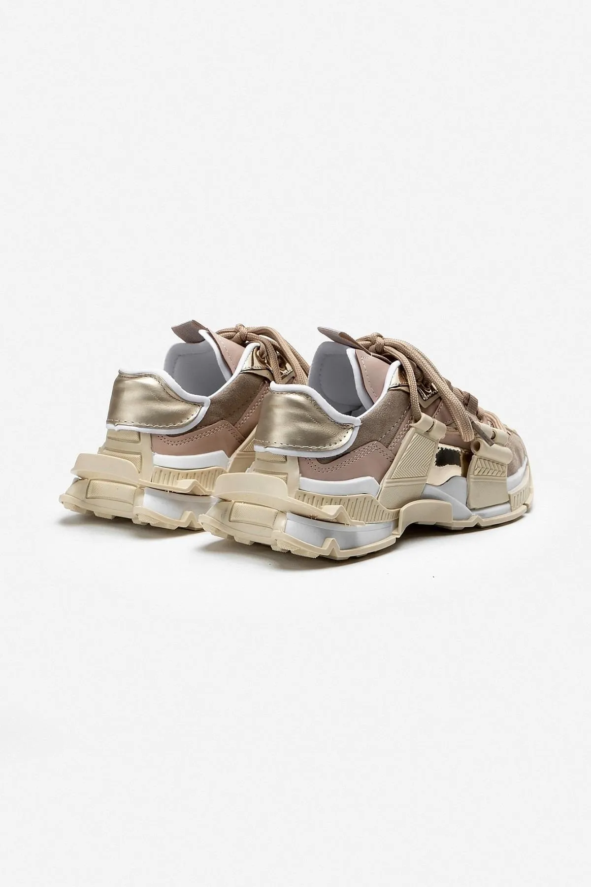 NİŞANTAŞI SHOES  Oslo Beige Matte Lace Detaillierte Damen-Sportschuhe mit dicker Sohle